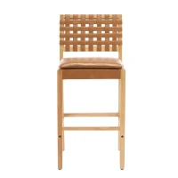 Modern Bar Stools with Hand‑Woven PU Back, Strap-Back Bar Chairs with Padded PU Seat, 18'' L x 21.5'' W x 40.5'' H, Brown+Natural(m-2)