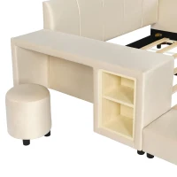 Full Size Upholstered Platform Bed with Bedside Desk and Round Stool, Cozy Bed Frame with Streamlined Structure, 79.5" L x 68" W x 28" H, Beige(m-16)
