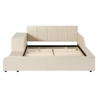 Full Size Upholstered Platform Bed with Bedside Desk and Round Stool, Cozy Bed Frame with Streamlined Structure, 79.5" L x 68" W x 28" H, Beige(m-2)