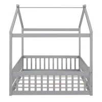 Full Size Wood House Bed with Roof and Fence, Sturdy Pinewood Bed Frame for Kids and Teens, 79.5" L x 57" W x 63" H, Gray(m-8)