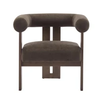 Round Arm Accent Chair with Velvet Upholstery, Curved Backrest Armchair with Solid Birch Wood Base, 31'' L x 29'' W x 30'' H, Dark Brown+Walnut(m-2)