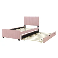 Space-Saving Twin Size Upholstered Platform Bed with Trundle Under Bed, Cozy Bed Frame with Velvet Fabric, 80" L x 41.5" W x 42.5" H, Pink(m-6)