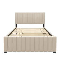 Space-Saving Full Size Upholstered Platform Bed with Twin-Size Trundle, Solid Bed Frame with 10 Reinforced Slats, 80" L x 58" W x 46" H, Beige(m-2)