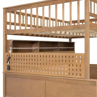 Full XL Over Queen Bunk Bed with Bulit-In Storage Shelf and Safety Rope, Useful Bed Frame with Pegboard Side Panel, 83.5" L x 62.5" W x 59" H, Brown(m-11)