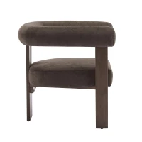 Round Arm Accent Chair with Velvet Upholstery, Curved Backrest Armchair with Solid Birch Wood Base, 31'' L x 29'' W x 30'' H, Dark Brown+Walnut(m-4)