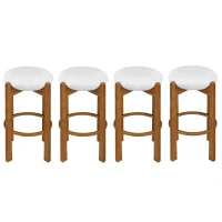 Indoor Round Seat Bar Stools with Solid Wood Frame, Rubberwood Bar Chairs with Padded Upholstered Seat, 19.5'' L x 19.5'' W x 30'' H, Ivory+Walnut(m-4)