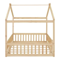 Full Size Wood House Bed with Roof and Fence, Sturdy Pinewood Bed Frame for Kids and Teens, 79.5" L x 57" W x 63" H, Natural(m-8)