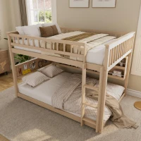 Full Over Full Bunk Bed with Convenient Storage Headboard, Unique Bed Frame with Multi-Color Light Strip, 79" L x 57.5" W x 57" H, Beige(m-5)