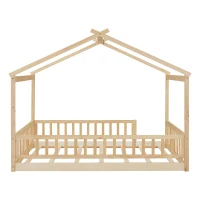 Full Size Wood House Bed with Roof and Fence, Sturdy Pinewood Bed Frame for Kids and Teens, 79.5" L x 57" W x 63" H, Natural(m-7)
