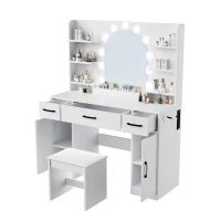 Large Makeup Vanity Desk with 6 Open Shelves and 3 Drawers, Functional Makeup Vanity with Dimmable LED Mirror, 44.5" L x 14" W x 55" H, White(m-9)