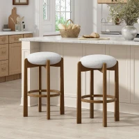 Indoor Bar Stools with Solid Rubberwood Frame, Non-Swivel Bar Chairs with Upholstered Round Seat, 19.5'' L x 19.5'' W x 30'' H, Ivory+Walnut(m-1)
