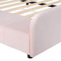 Queen-Size Upholstered Platform Bed with Bedside Desk and Stool, Cozy Bed Frame with Streamlined Structure, 84.5" L x 74" W x 28" H, Pink(m-11)