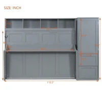 Queen Size Murphy Wall Bed with Storage Shelf, Space‑Saving Bed Frame with Integrated Closet and 2 Drawers, 112" L x 65" W x 78.5" H, Gray(m-3)