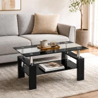 Tempered Glass Coffee Table with Tempered Glass Top, Space-Saving Center Table with Sturdy Legs, 34.5'' L x 18.5'' W x 17.5'' H, Black+Transparent(m-1)