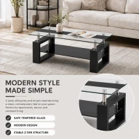 Modern Glass Coffee Table with Wood-Grain MDF Legs, Minimalist Center Table with 2-Tier Storage, 34.5'' L x 18.5'' W x 17.5'' H, Black(m-5)