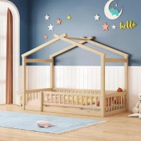 Comfortable Twin House Bed Frame with Roof and Fence, Sturdy Pinewood Platform Bed with Semi-enclosed Space, 79.5" L x 42" W x 63" H, Natural(m-1)