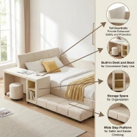 Full Size Upholstered Platform Bed with Bedside Desk and Round Stool, Cozy Bed Frame with Streamlined Structure, 79.5" L x 68" W x 28" H, Beige(m-4)