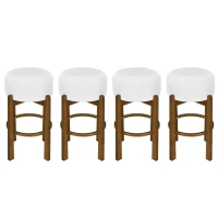 Indoor Round Seat Bar Stools with Solid Rubberwood Frame, Non-Swivel Bar Chairs with Padded Upholstered Seat, 19.5'' L x 19.5'' W x 30'' H, Ivory+Walnut(m-4)