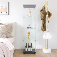 Glass Display Cabinet with Adjustable Feet and Safety Bumpers, Floor-Standing Curio Bookshelf with Tempered Glass, 16.5'' L x 14.5'' W x 64.5'' H, Black(m-6)