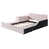 Full Size Upholstered Platform Bed with Bedside Desk and Stool, Cozy Bed Frame with Streamlined Structure, 79.5" L x 68" W x 28" H, Pink(m-7)