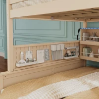 Full XL Over Queen Bunk Bed with Built-In Storage Shelf and Safety Rope, Useful Bed Frame with Pegboard Side Panel, 83.5" L x 62.5" W x 59" H, Beige(m-7)