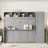 Queen Size Murphy Wall Bed with Storage Shelf, Space‑Saving Bed Frame with Integrated Closet and 2 Drawers, 112" L x 65" W x 78.5" H, Gray(m-5)