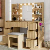 Spacious Makeup Vanity Desk with 3 Shelves and 7 Drawers, Functional Makeup Vanity with LED Mirror, 47" L x 15.5" W x 53.5" H, Natural Wood(m-1)