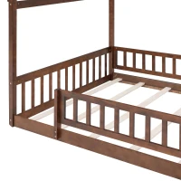 Full Size Wood House Bed with Roof and Fence, Sturdy Pinewood Bed Frame for Kids and Teens, 79.5" L x 57" W x 63" H, Walnut(m-9)