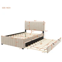 Space-Saving Full Size Upholstered Platform Bed with Twin-Size Trundle, Solid Bed Frame with 10 Reinforced Slats, 80" L x 58" W x 46" H, Beige(m-3)