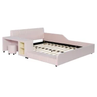 Queen-Size Upholstered Platform Bed with Bedside Desk and Stool, Cozy Bed Frame with Streamlined Structure, 84.5" L x 74" W x 28" H, Pink(m-5)