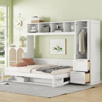 Space-Saving Full Size Murphy Wall Bed with Integrated Shelf, Customizable Bed Frame with Closet and 2 Drawers, 107.5" L x 58" W x 72" H, White(m-1)