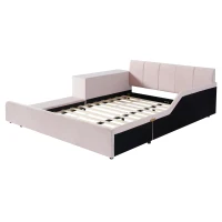 Queen-Size Upholstered Platform Bed with Bedside Desk and Stool, Cozy Bed Frame with Streamlined Structure, 84.5" L x 74" W x 28" H, Pink(m-7)