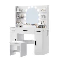 Large Makeup Vanity Desk with 6 Open Shelves and 3 Drawers, Functional Makeup Vanity with Dimmable LED Mirror, 44.5" L x 14" W x 55" H, White(m-10)