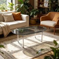 Curved Tempered Glass Coffee Table with Fingerprint-Resistant Top, Minimalist Center Table with U-Shaped Metal Legs, 35.5'' L x 23.5'' W x 15'' H, Grey(m-6)