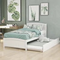 Space-Savimg Twin Size Wood Platform Bed with Roll-Out Trundle, Solid Bed Frame with 10 Supporting Slats, 79.5" L x 41.5" W x 37.5" H, White(m-1)