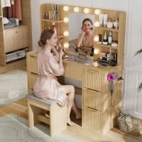 Spacious Makeup Vanity Desk with 3 Shelves and 7 Drawers, Functional Makeup Vanity with LED Mirror, 47" L x 15.5" W x 53.5" H, Natural Wood(m-9)