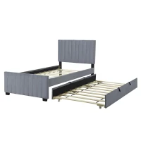 Space-Saving Twin Size Upholstered Platform Bed with Trundle Under Bed, Cozy Bed Frame with Velvet Fabric, 80" L x 41.5" W x 42.5" H, Gray(m-6)