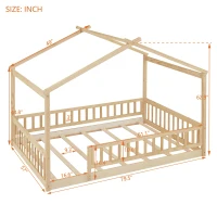 Full Size Wood House Bed with Roof and Fence, Sturdy Pinewood Bed Frame for Kids and Teens, 79.5" L x 57" W x 63" H, Natural(m-3)