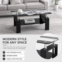 Tempered Glass Coffee Table with Tempered Glass Top, Space-Saving Center Table with Sturdy Legs, 34.5'' L x 18.5'' W x 17.5'' H, Black+Transparent(m-5)