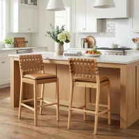 Modern Bar Stools with Hand‑Woven PU Back, Strap-Back Bar Chairs with Padded PU Seat, 18'' L x 21.5'' W x 40.5'' H, Brown+Natural(m-1)