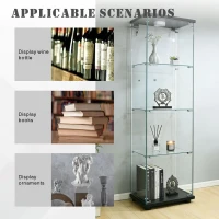 Floor-Standing Curio Bookcase with Tempered Glass Door, LED Glass Display Cabinet with Adjustable Feet, 16.5'' L x 14.5'' W x 64.5'' H, Black(m-5)