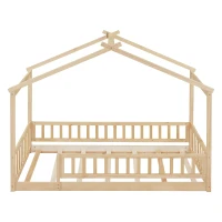 Comfortable Twin House Bed Frame with Roof and Fence, Sturdy Pinewood Platform Bed with Semi-enclosed Space, 79.5" L x 42" W x 63" H, Natural(m-7)