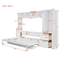 Space-Saving Full Size Murphy Wall Bed with Integrated Shelf, Customizable Bed Frame with Closet and 2 Drawers, 107.5" L x 58" W x 72" H, White(m-4)
