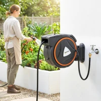 Outsunny Retractable Garden Hose Reel, 1/2" x 59ft Wall Mounted Hose Reel with 12-Pattern Nozzles, Auto Retraction, Self-Locking(m-8)