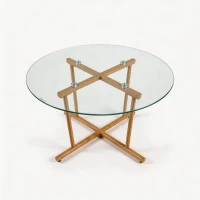 Round Tempered Glass Coffee Table with Solid Iron Legs, Modern Center Table with Stable Frame, 27.5'' L x 27.5'' W x 14.5'' H, Natural+Transparent(m-9)