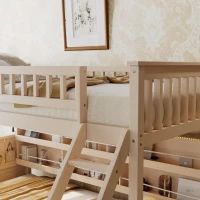 Twin XL Over Queen Bunk Bed with Built-In Storage Shelf and Safety Rope, Useful Bed Frame with Pegboard Side Panel, 83.5" L x 62.5" W x 59" H, Beige(m-14)