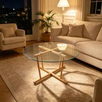 Round Tempered Glass Coffee Table with Solid Iron Legs, Modern Center Table with Stable Frame, 27.5'' L x 27.5'' W x 14.5'' H, Natural+Transparent(m-8)