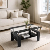 Tempered Glass Coffee Table with Tempered Glass Top, Space-Saving Center Table with Sturdy Legs, 34.5'' L x 18.5'' W x 17.5'' H, Black+Transparent(m-7)