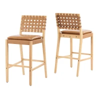 Modern Bar Stools with Hand‑Woven PU Back, Strap-Back Bar Chairs with Padded PU Seat, 18'' L x 21.5'' W x 40.5'' H, Brown+Natural(m-5)
