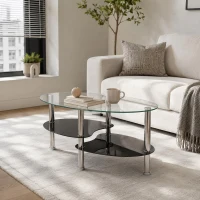 Oval Tempered Glass Coffee Table with Stainless Steel Legs, Modern Centre Table with Rounded Edges, 34.5'' L x 19'' W x 16'' H, Black+Transparent(m-7)